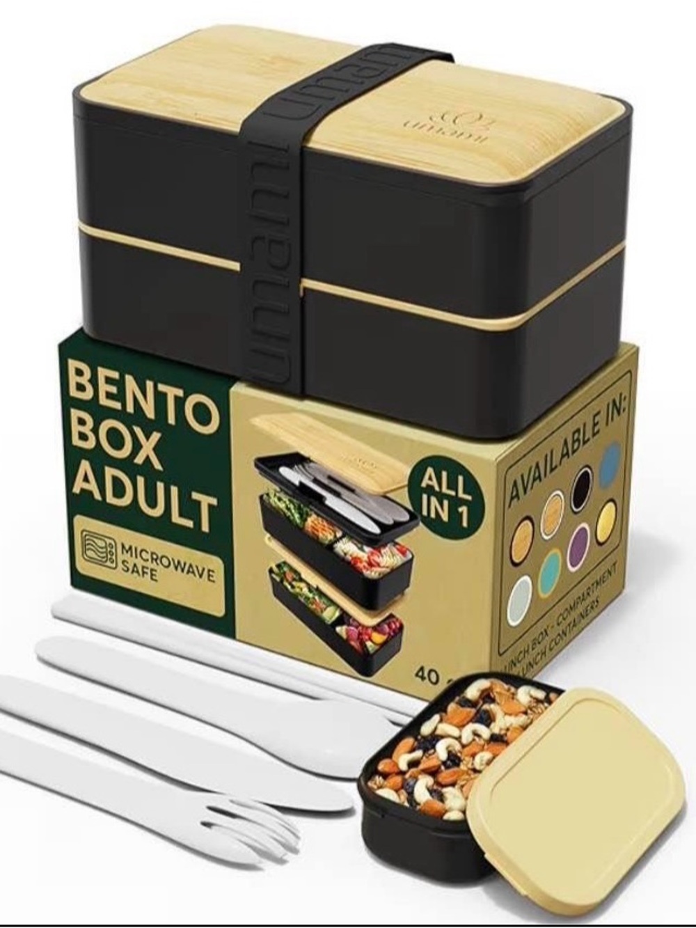NEW - Bento Box Adult All-In-1 w/4 Utensils, Big Sauce Jar, 2 Dividers